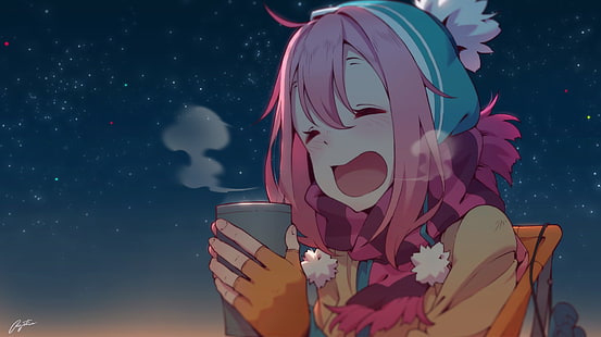 аниме девушка с розовыми волосами, персонаж женского аниме, держащий серую чашку, цифровые обои, аниме, зеленые глаза, лагерь Юру, Надешико Кагамихара, аниме девушки, HD обои HD wallpaper