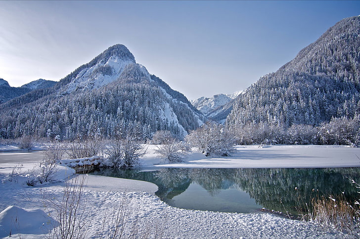mountain range, mountains, trees, frozen lake, winter landscape, HD wallpaper