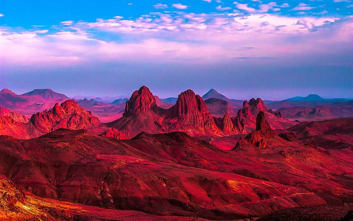 Algeria, Africa, red desert, mountains, rocks, clouds, Algeria, Africa, Red, Desert, Mountains, Rocks, Clouds, HD wallpaper
