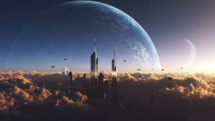 Научно-фантастический город, иллюстрация высотного здания, фэнтези, 1920x1080, город, луна, фантастика, HD обои
