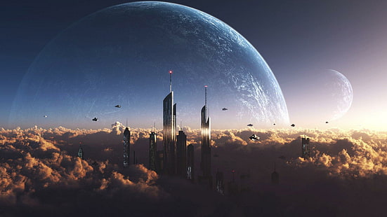 Научно-фантастический город, иллюстрация высотного здания, фэнтези, 1920x1080, город, луна, фантастика, HD обои HD wallpaper