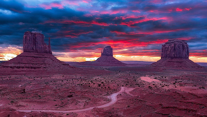 arizona, united states, usa, west and east mitten buttes, butte, monument valley navajo tribal park, monument valley, clouds, stormy, sunset, navajo tribal park, navajo, desert, badlands, HD wallpaper