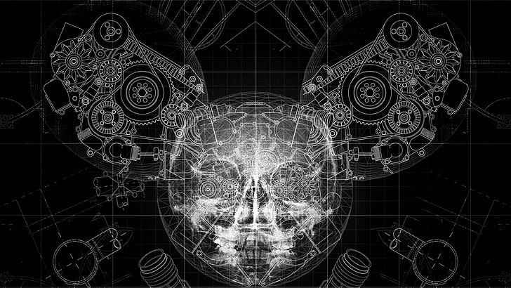 Ilustração de raio-x do crânio e engrenagens, deadmau5, crânio, engrenagens, capacete, raios-x, HD papel de parede