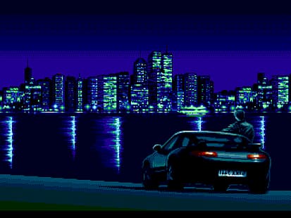 нощ, кола, река, град, небостъргач, пиксел арт, HD тапет HD wallpaper