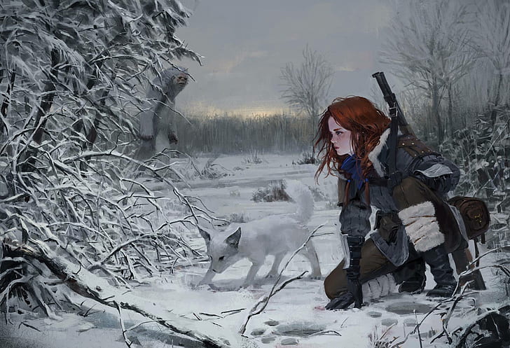 The sky, Nature, Winter, Girl, Dog, Trees, Snow, Forest, Traces, Branches, Weapons, Sky, Branch, The gun, Hunter, Red, Sitting, Weapon, Redhead, Red hair, Hunting, Red head, Bigfoot, HD wallpaper