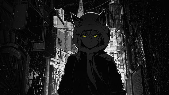 мъжки аниме илюстрация, аниме герой, носещ шапка тапет, монохромен, момиче котка, град, некомими, улица, ArseniXC, жълти очи, CGI, аниме момичета, селективно оцветяване, HD тапет HD wallpaper