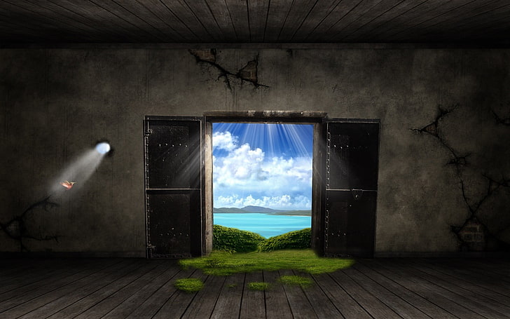 pintu berdampingan, pintu, burung, seni digital, pemandangan, sinar matahari, alam, Wallpaper HD