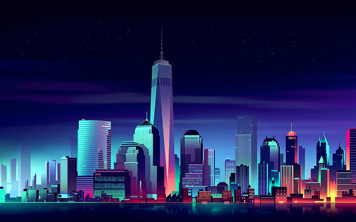 fotoğraf yüksek katlı binaların animasyonlu sanat, New York City, Neon, gece, HD, HD masaüstü duvar kağıdı