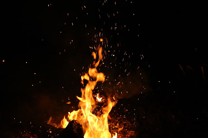bonfire digital wallpaper, fire, dark, burning, fireplace, HD wallpaper