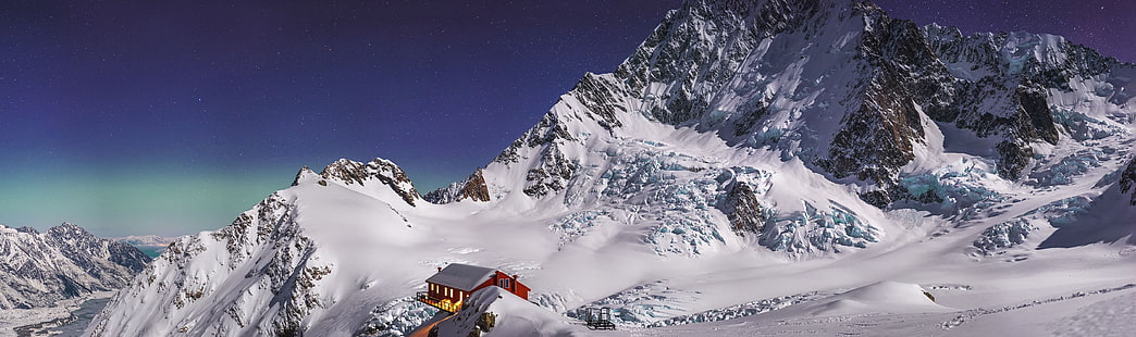 weißes und schwarzes Blumentextil, Panoramen, Berge, Hütte, Gletscher, Natur, Landschaft, Schnee, Winter, HD-Hintergrundbild HD wallpaper