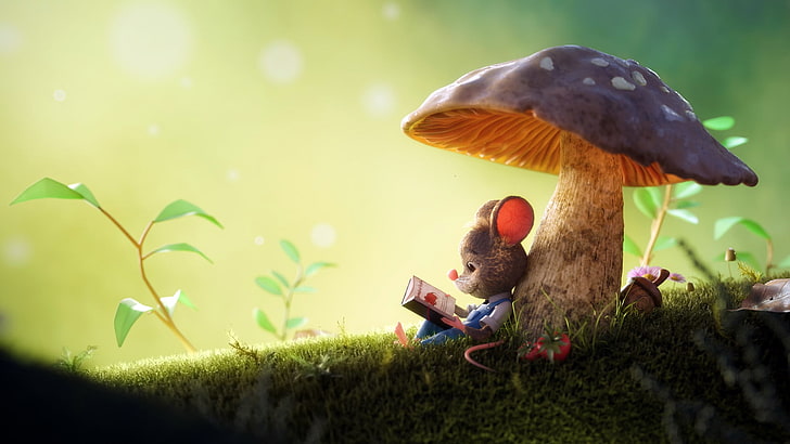 회색 버섯과 쥐, 버섯, 마우스, 3D 아트, Arthur Gatineau, HD 배경 화면