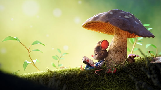 회색 버섯과 쥐, 버섯, 마우스, 3D 아트, Arthur Gatineau, HD 배경 화면 HD wallpaper