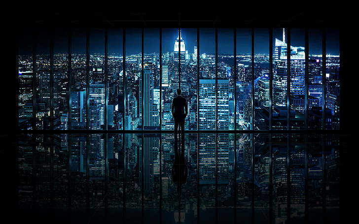 kemeja hitam pria, malam, kota, pemandangan, jendela, laki-laki, The Dark Knight, Kota New York, Jendela ke Kota Gotham, Wallpaper HD
