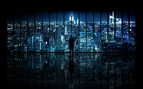 camisa negra para hombres, noche, la ciudad, vista, ventana, hombre, The Dark Knight, New York City, Window to Gotham City, Fondo de pantalla HD HD wallpaper