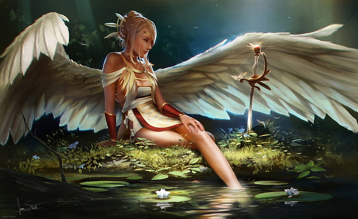 sztuka fantasy, dziewczyna fantasy, skrzydła, anioł, Tapety HD