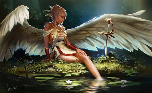 arte da fantasia, menina da fantasia, asas, anjo, HD papel de parede HD wallpaper