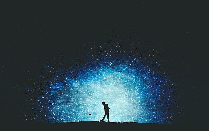 silhouette d'homme peinture, sombre, seul, poussière, particule, marche, nuit, cyan, bleu, Fond d'écran HD