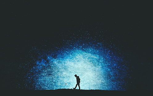 siluet lukisan manusia, gelap, sendirian, debu, partikel, berjalan, malam, cyan, biru, Wallpaper HD HD wallpaper