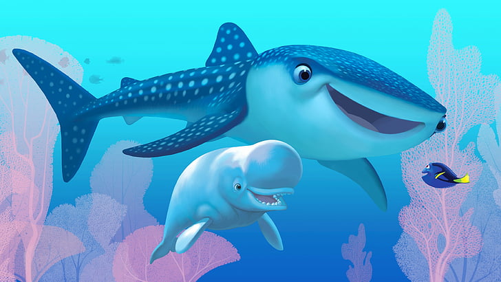Procurando ilustração de personagens Dory, Procurando Dory, nemo, tubarão, peixe, Pixar, animação, HD papel de parede