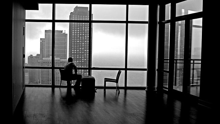 男性孤独なモノクロウィンドウペイン都市スカイライン1920 x 1080技術Windows HDアート、男性、孤独、 HDデスクトップの壁紙