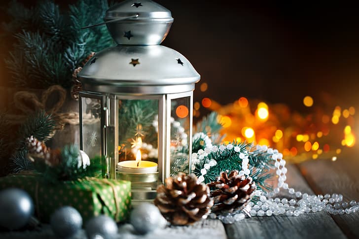 snow, decoration, New Year, Christmas, gifts, balls, wood, winter, merry, lantern, gift box, fir tree, fir-tree branches, HD wallpaper