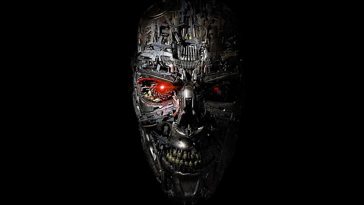 Terminator wallpaper, Terminator, Terminator Genisys, robot, cyborg, face, red eyes, science fiction, black background, metal, teeth, gears, steel, digital art, CGI, artwork, skull, machine, T-1000, movies, HD wallpaper