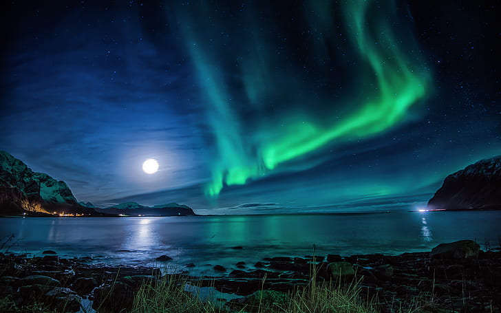 Earth, Aurora Borealis, Moon, Night, Ocean, Sky, Water, HD wallpaper