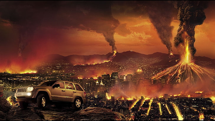 สีเทา Jeep Grand Cherokee SUV, เมือง, ไฟ, คติ, อาคาร, การทำลาย, รถจี๊ป, ภูเขาไฟ, รถ, แกรนด์เชโรกี, วอลล์เปเปอร์ HD