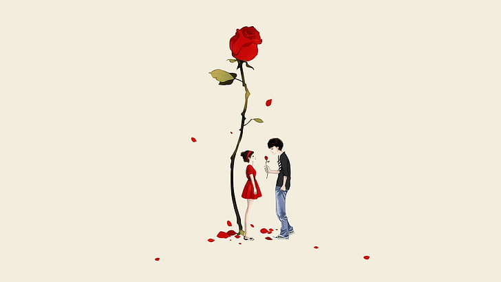 аниме, парень, пара, мило, девушка, любовь, рыжая, роза, HD обои