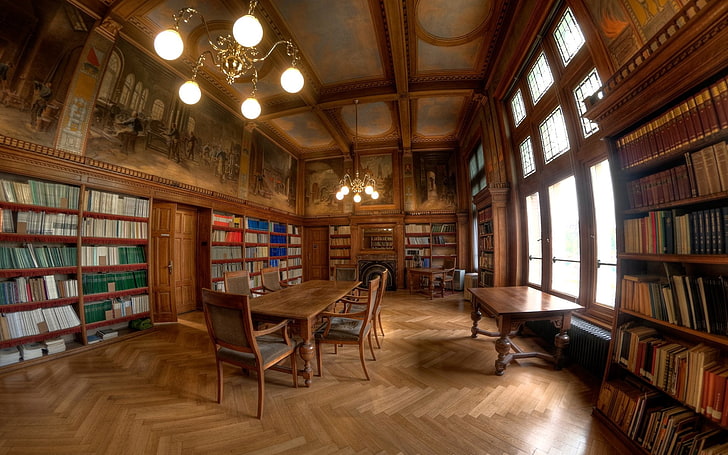 meja makan kayu coklat dengan kursi, perpustakaan, gaya, meja, buku, kayu, Wallpaper HD