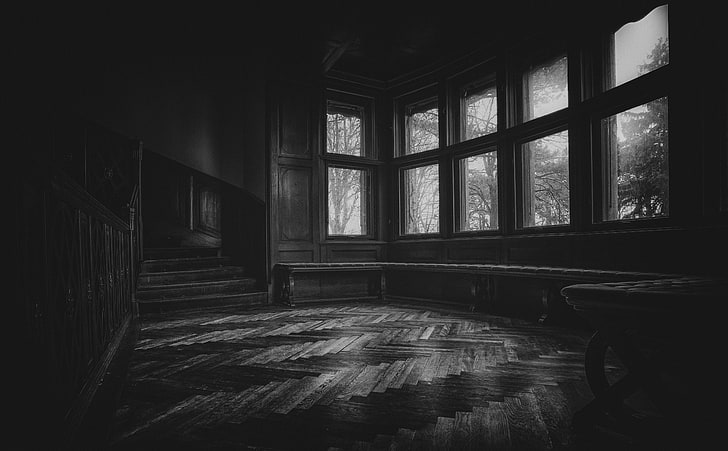 Fenêtre en verre clair à cadre gris sombre, noir et blanc, abandonné, monochrome, urbex, noir et blanc, mono, lieux perdus, exploration urbaine, sombre, Fond d'écran HD