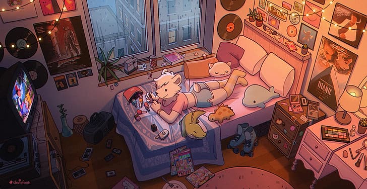 steviefeesh, bedroom, bed, vinyl, lamp, CRT, television sets, fairy lights, makeup, plush toy, Pokémon, Pikachu, Anthro, poster, magazines, HD wallpaper