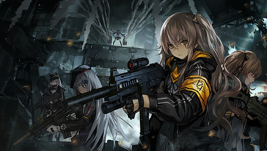 pistola, anime, Girls Frontline, uniforme, capelli grigi, capelli lunghi, anime girls, arma, Sfondo HD HD wallpaper