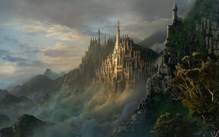 zamek na górach malarstwo, grafika koncepcyjna, grafika, zamek, Tapety HD