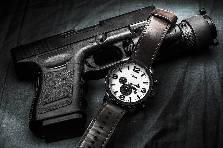 black pistol and chronograph watch, gun, weapons, watch, Glock, self-loading, HD wallpaper