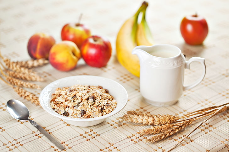 cereal and white ceramic bowl, wheat, table, background, apples, plant, rye, Apple, food, Breakfast, spoon, bananas, fruit, widescreen, full screen, HD wallpapers, muesli, healthy eating, HD wallpaper