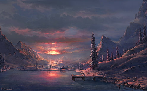Menggambar Matahari Terbenam Salju Musim Dingin Pegunungan Awan HD, digital / karya seni, pohon, menggambar, awan, matahari terbenam, pegunungan, salju, musim dingin, Wallpaper HD HD wallpaper
