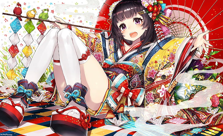 colorful, short hair, anime, flowers, birds, Japanese clothes, japanese girl, Japanese kimono, colorful, short hair, japanese girl, flowers, birds, japanese clothes, HD wallpaper