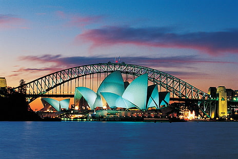 Рукотворное, Сиднейский оперный театр, Ночь, Сидней, Мост Харбор-бридж в Сиднее, HD обои HD wallpaper