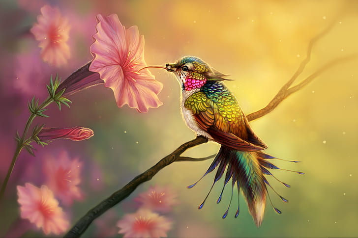 Fantasy Animals, Bird, Colorful, Creature, Fantasy, Flower, Hummingbird, HD wallpaper