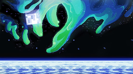 carta da parati spaziale verde e blu, Minecraft, pixel art, spazio, nebulosa, 8-bit, 16-bit, Sfondo HD HD wallpaper