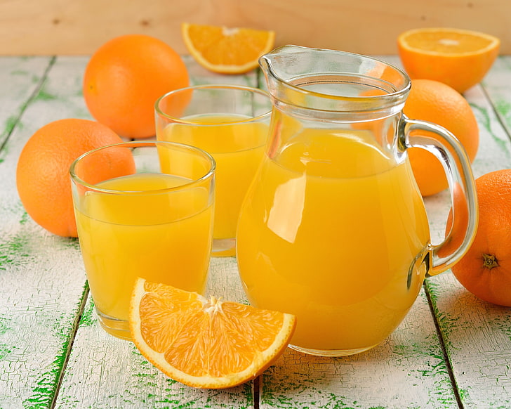 arance e succo a fette, succo di frutta, arancia, agrumi, frutta, caraffa, bicchieri, Sfondo HD