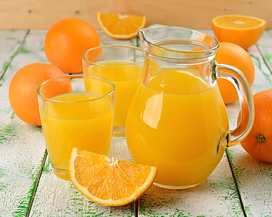 jus d'orange en tranches, jus d'orange, agrumes, fruits, carafe, verres, Fond d'écran HD HD wallpaper