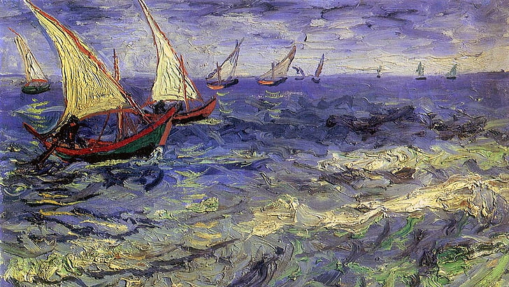 Vincent van Gogh, barca, pittura, mare, opere d'arte, arte classica, Sfondo HD