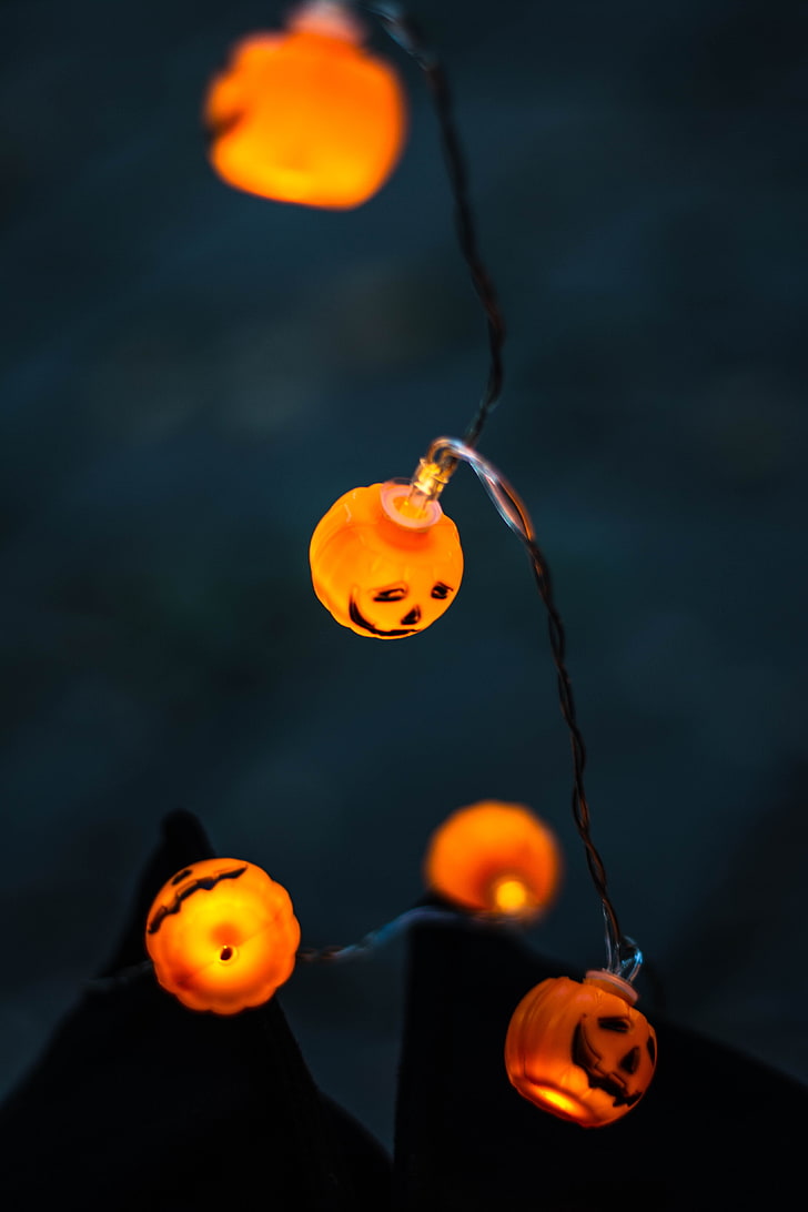 garland, pumpkin, halloween, lighting, light bulbs, HD wallpaper