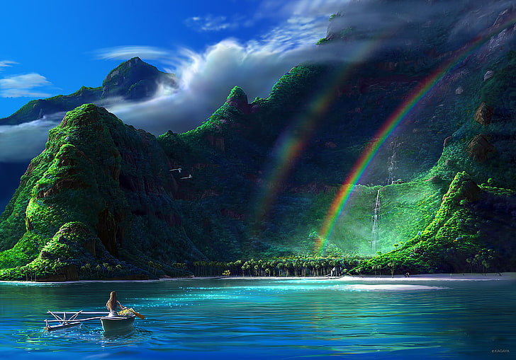 woman on boat flowing towards island with rainbow illustration, photo of person on boat in body of water near green island with rainbow, rainbows, water, mountains, boat, women, digital art, sea, clouds, HD wallpaper