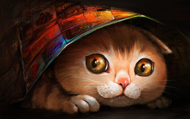 Lovely Cat Painting, живопись маслом, фон, краски, HD обои