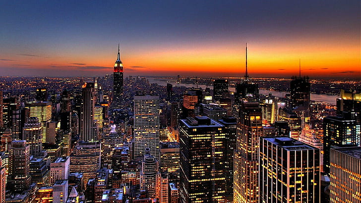 Нью-Йорк Skyline, вид на город во время заката, огни, ночное время, здания, закат, природа и пейзажи, HD обои