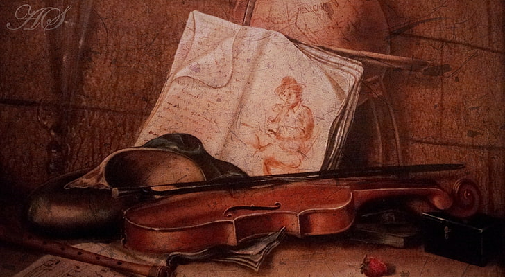 Violino antigo, pintura de violino marrom, Vintage, nostálgico, violino, antiga, música, notas, marrom, elegância, peaful, HD papel de parede