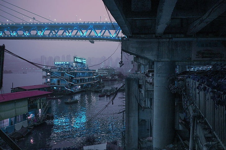 niebieski betonowy most, pejzaż miejski, neon, łódź, most, ChongQing, Chiny, Tapety HD